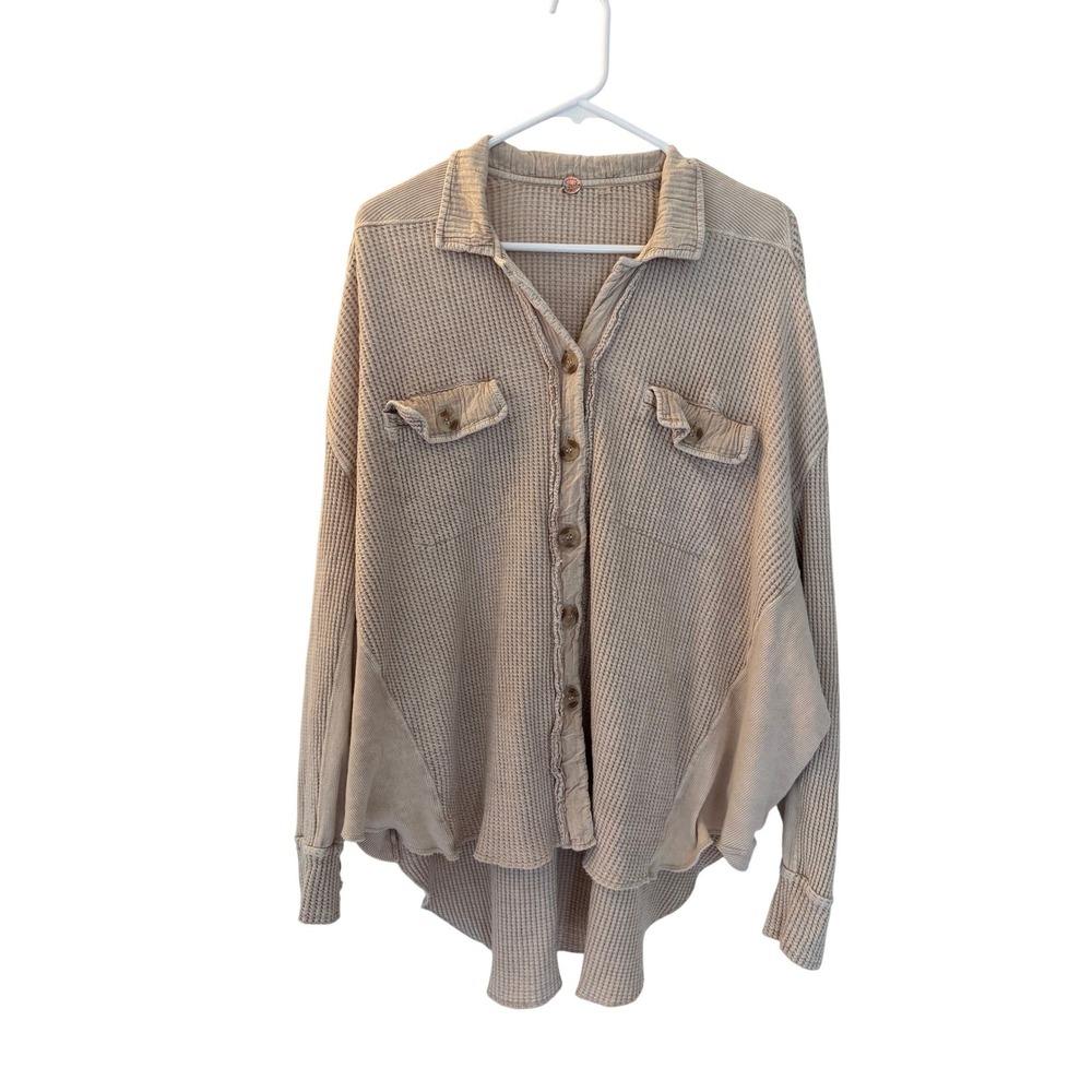 Free People One Scout Jacket Tan Beige Waffle Knit Cotton Shacket Womens Small‎